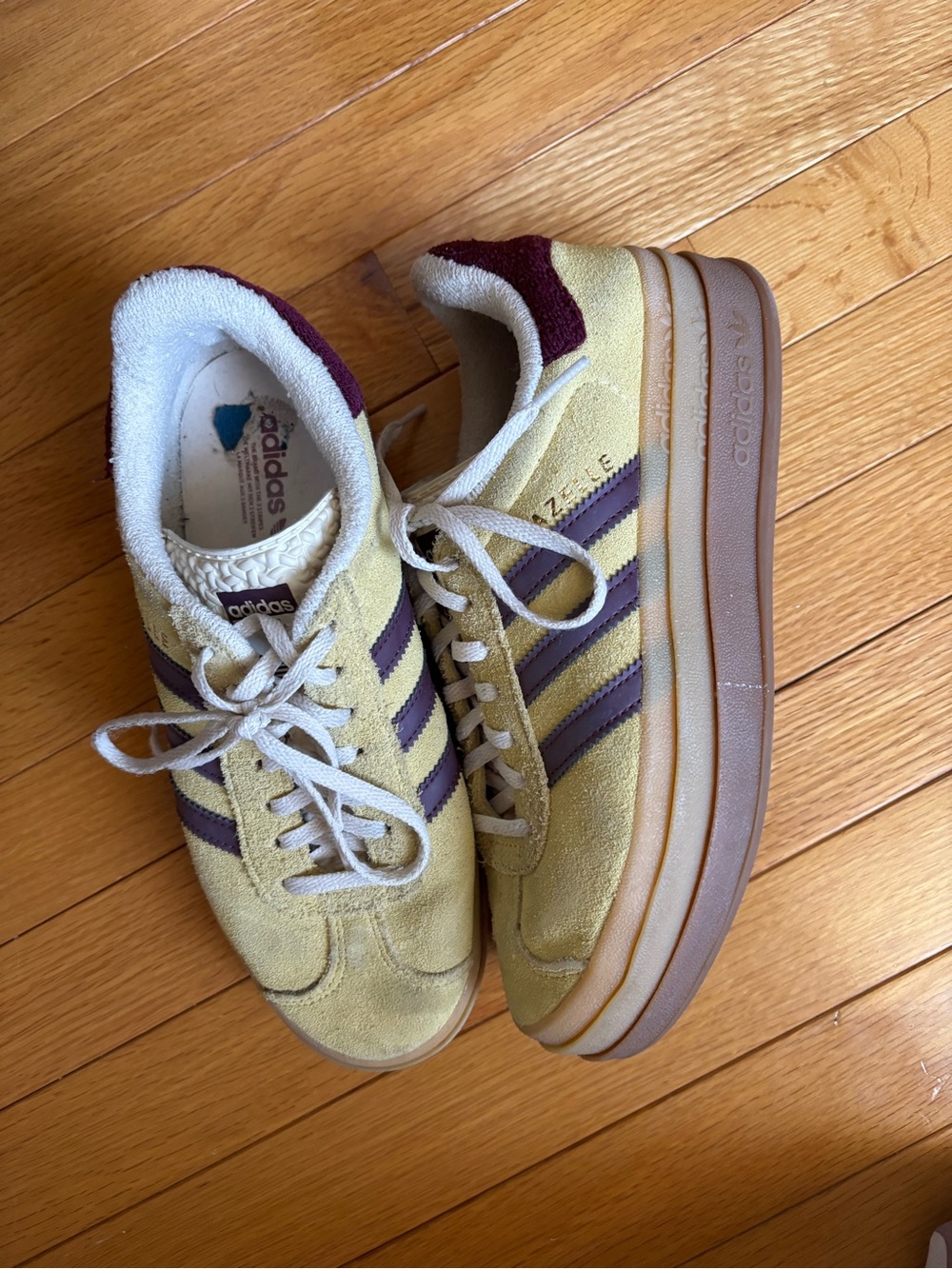 adidas gazelle platform Women’s Yellow Suede Sneakers with Purple Stripes